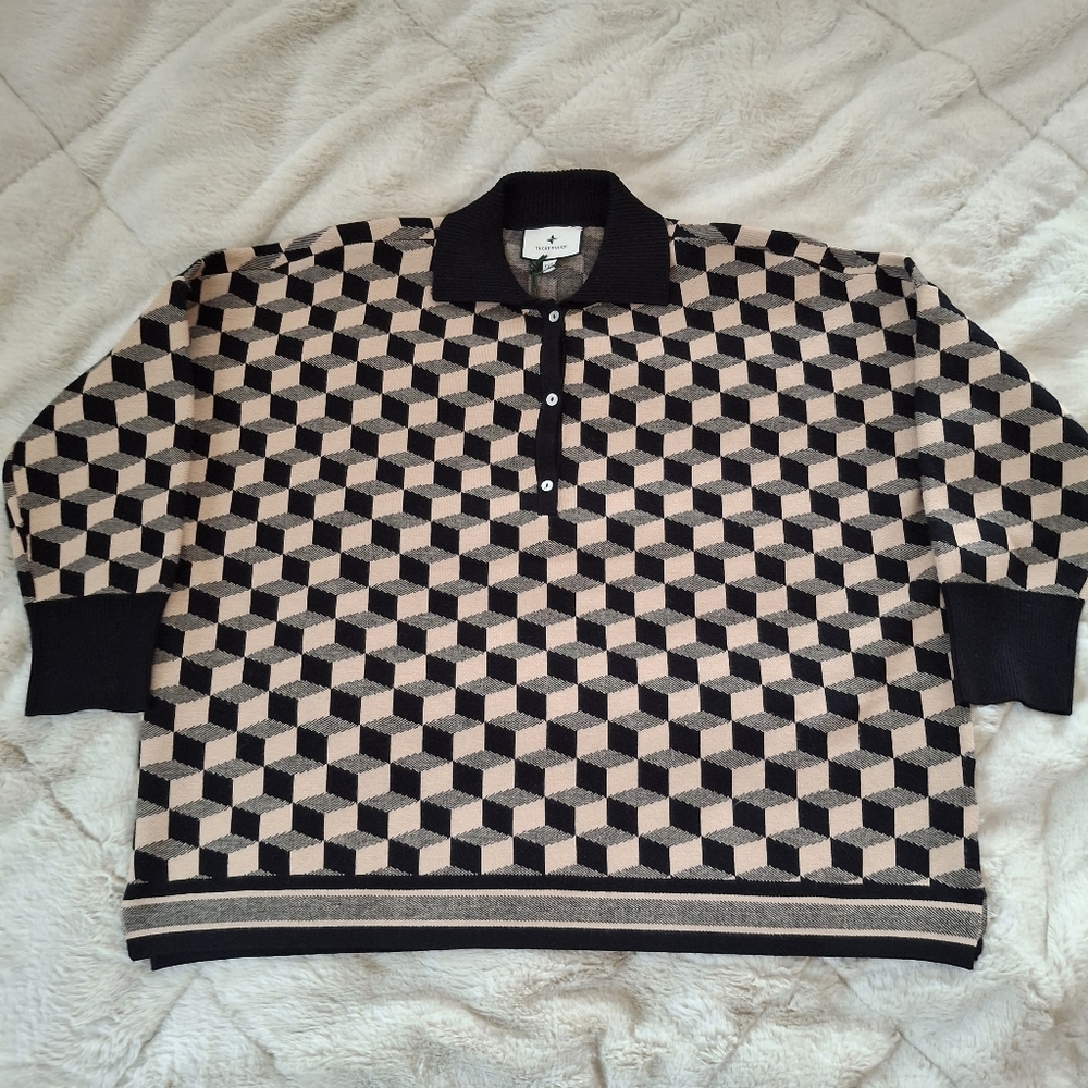 Tuckernuck Women’s NWT Black Tan Knit Geometric Clayton Polo Sweater Sz XS/S